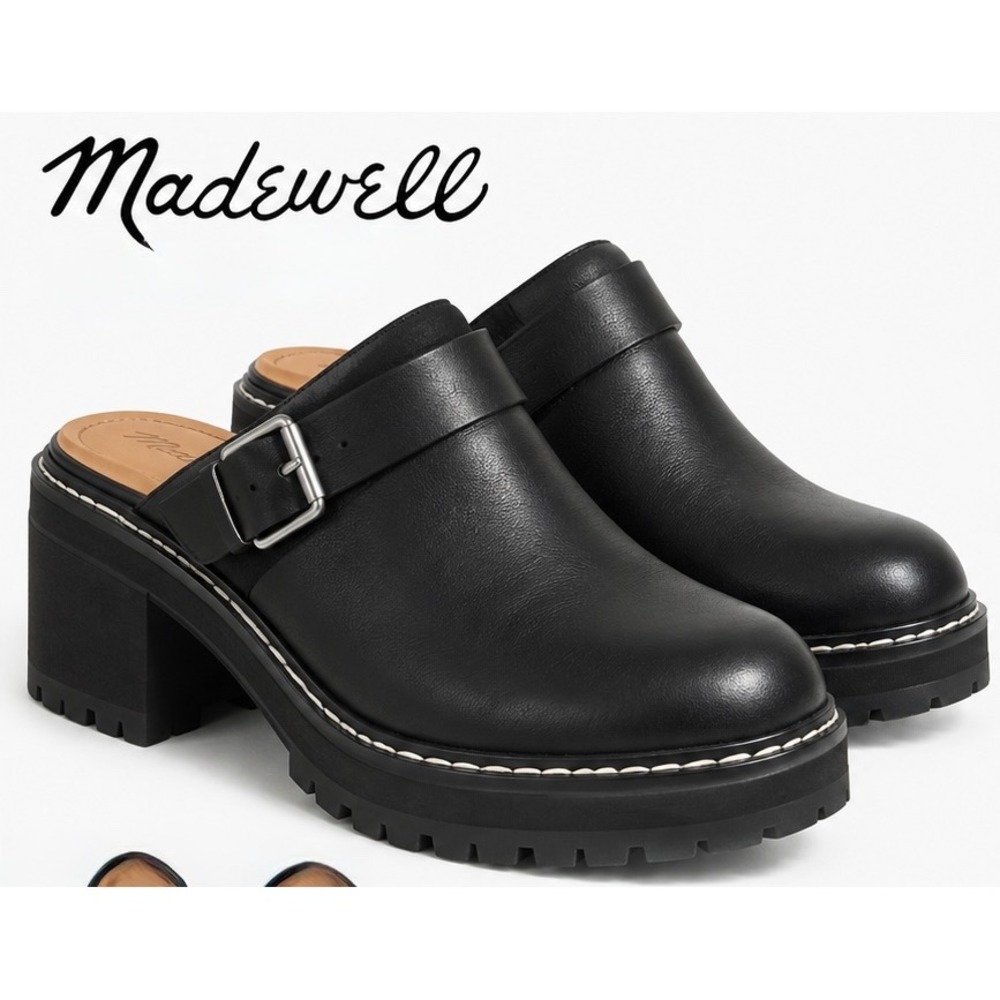 Madewell Lugsole Mules Black Leather Block Heel Buckle Size 8.5 NWOT